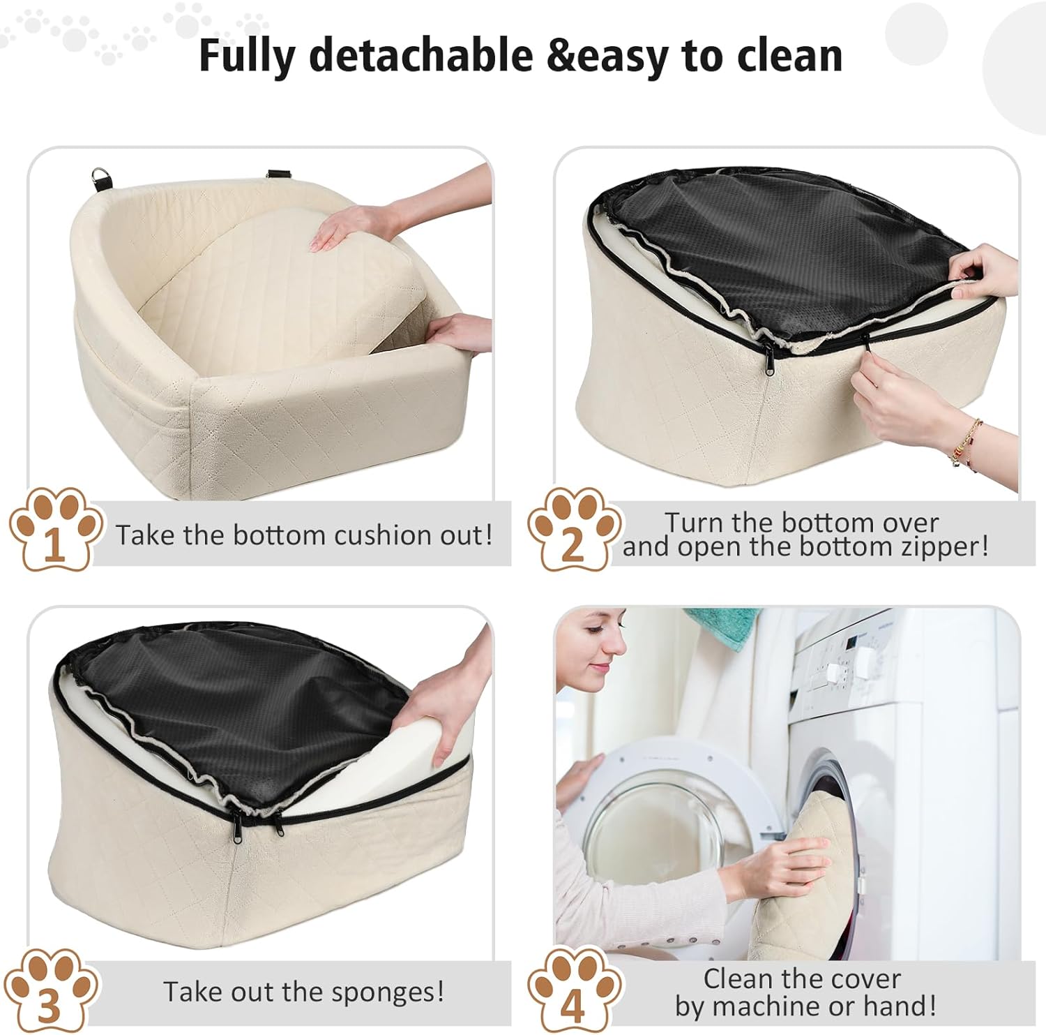 Dog Car Seat for Small Medium Dogs,Detachable Washable Dog Booster Seat Under 30lbs, Pet Car Seat Travel Bed with Storage Pockets and Dog Safety Belt (White) - Pawvie
