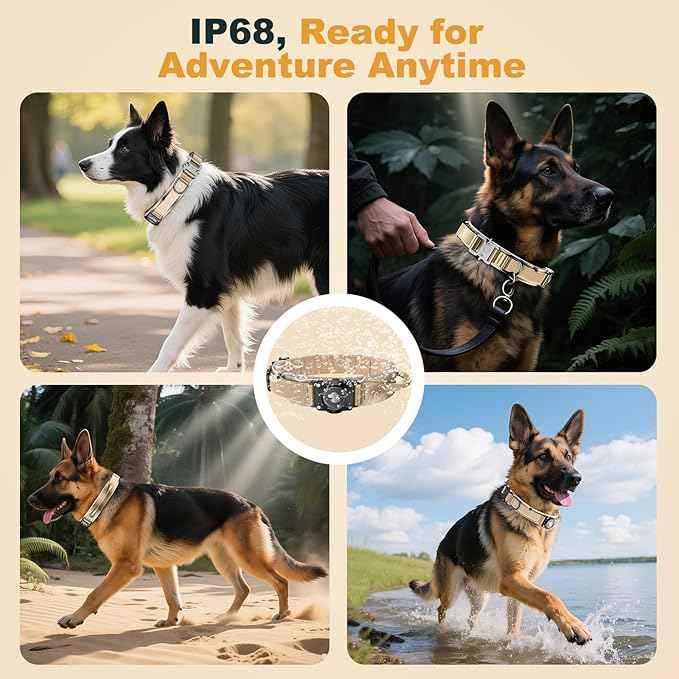 2025 New and Improved AirTag Dog Collar, Military Tactical Dog Collar with AirTag Holder - Adjustable Control Handle, Durable Metal Buckle, Comfortable GPS Dog Collars (M, Khaki)