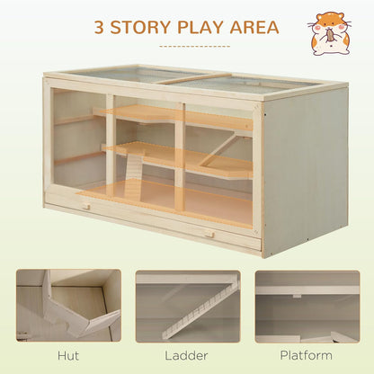 PawHut 45" Extra Large Wooden Hamster Cage, 3-Layer Chewproof Rat Cage with Opening Roof, Hut, Ramps, for Gerbil, Dwarf & Syrian Hamsters, Natural