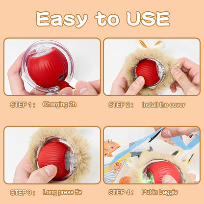 Rocfish Interactive Cat Toys Ball - Automatic Fast Rolling Ball in Play Mat, Hide and Seek Mouse Catching Game, Low-Noise Cat Enrichment Toys in Pouch for Indoor Bored Cats (Red Toy & Round Mat)