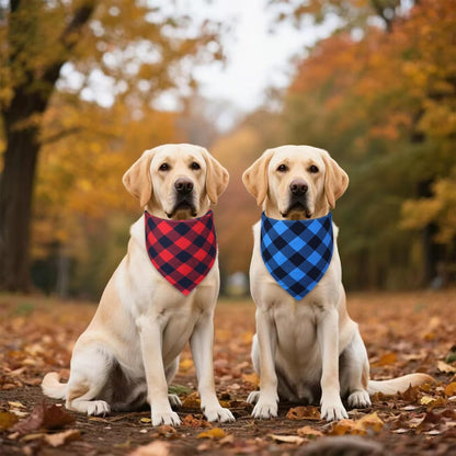 Plaid Dog Bandanas 2-Pack for Small Dogs, Red-Black & Blue-Black Buffalo Check Set - Adjustable Reversible Scarves for Boys & Girls