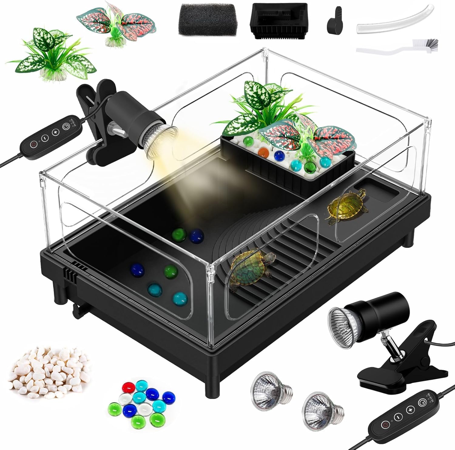 GOZILLA Small Turtle Tank with Adjustable Lamp, Acrylic Turtle Tank Starter Kit, Reptile Habitat and Terrarium with Multi-Functional Areas for Tortoise, Crab, Crayfish, Small Reptile.(Tank+Lamp) - Pawvie