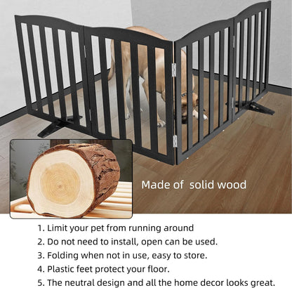 ZJSF Foldable Freestanding Indoor Dog Gate for House Wood Long Pet Gates Dog Fence for Stairs Puppy Gates for Hallways, Puppy Gate,Support Feet Included, Black, 24 "Height-3 Panels