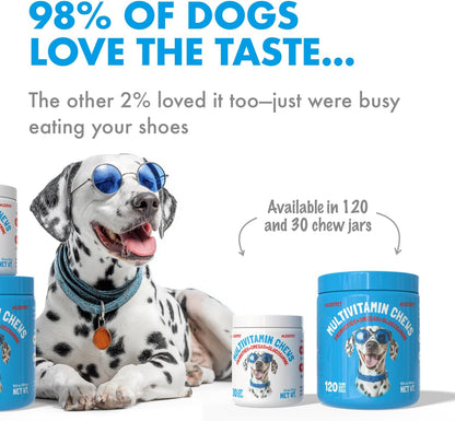 Dog Vitamins - 120 Multivitamins Chews w/Glucosamine Chondroitin, Probiotics Digestive Enzymes and Omegas - Supplement for Overall Health - Joint Support, Immune Health, Skin and Heart Health