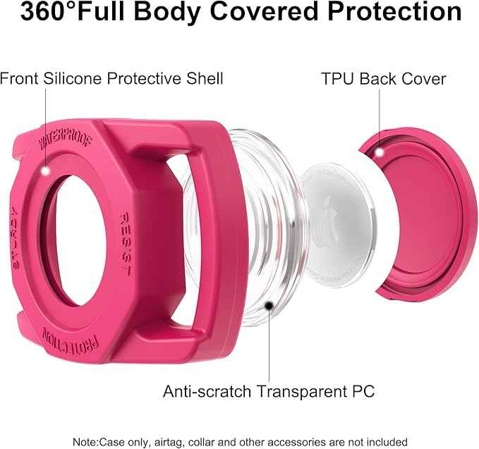 SANKALA Waterproof Airtag Case, [1 Pack] Airtag Dog Collar Holder, TPU & Silicone Full Body Covered Anti-Lost Apple Air Tag Holder Protective Case, Rose Red