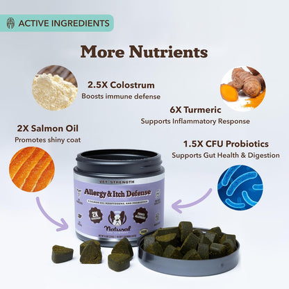 Natural Dog Company Allergy & Itchy Defense Chews 90 ct, Vet Strength High-Concentration Dog Allergy Relief with 2.4X Colostrum,2X Salmon Oil & 1.5X Probiotics, Supports Immune,Coat & Gut Health