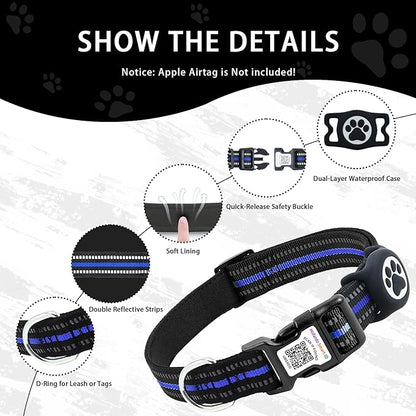 Airtag Dog Collar with QR Code Tag - Reflective Adjustable Nylon Collar, Quick Release Buckle for Small Medium Large Dogs, Comfortable Padded Lining (Blue, L)