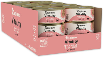 Applaws Vitality Wet Cat Food in Broth, Natural Canned Cat Food, Wet Food for Cats with Added Vitamins and Minerals, Grain and Carrageenan Free, Tuna Fillet & Salmon in Broth (24 Count, 5.5oz Cans)