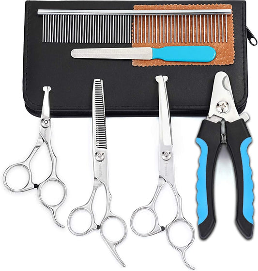 Dog Grooming Scissors Kit, Safety Round Tip, Heavy Duty Stainless Steel Dog Scissors and Nail Clippers, 6 in 1 Dog Grooming Kit