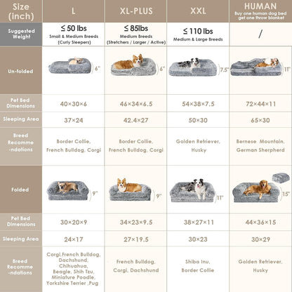 EHEYCIGA Human Dog Bed for Kids, Foldable XXL Dog Bed, Faux Fur Fluffy Pet Couch Bed, Orthopedic Calming Memory Foam Big Pet Bed, Washable Pet Sofa Bed with Non-Slip Bottom, Grey, 54"x38"x7.5"
