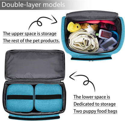 BAGLHER Pet Travel Bag, Double-Layer Pet Supplies Backpack (for All Pet Travel Supplies), Pet Travel Backpack with 2 Silicone Collapsible Bowls and 2 Food Baskets Sky Blue - Pawvie