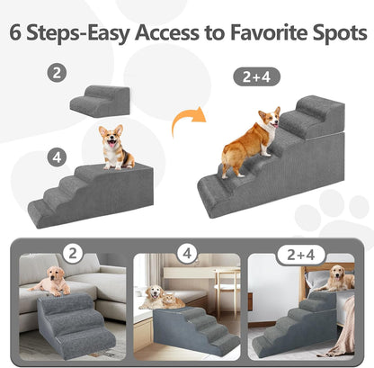 ABORON 𝟲 𝗦𝘁𝗲𝗽𝘀 Dog Steps for High Bed, 26 Inch High Dog Stairs for Small Dogs, Waterproof Pet Stairs for Small Old Large Dogs and Cats with Removable Cover & PE Support Board for Bed/Car/Couch