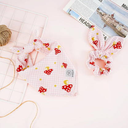 E-Clover Pink Buffalo Plaid Dog Bandanas & Matching Scrunchie Set Girl Cute Dog Scarf Bibs Pet Bandana with Bow Tie for Small Dogs Puppy Owner Mom