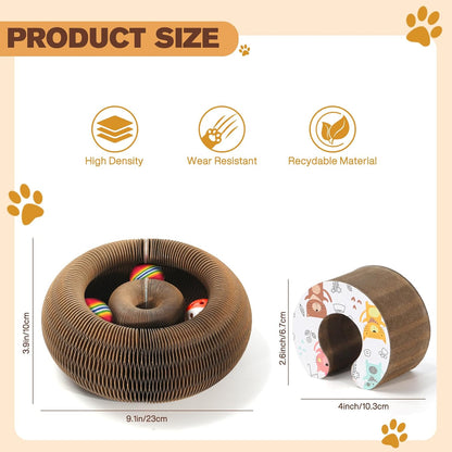 Magic Organ Cat Scratcher Board with 3 Balls, Foldable Recyclable Accordion Cats Toy with Ball and Track Adventure, Cat Scratching Pad, Retractable Reversible Furniture Protector(Brown)