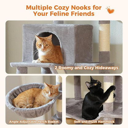 70.8" Tall Cat Tree for Indoor Cats Large Adult, Multi-Level Climbing Tower with Perches, Condo, Hammock, and Sisal Scratching Posts, Easy to Assemble, Light Gray