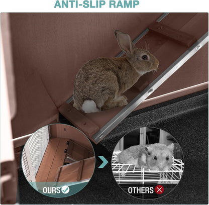 Rabbit Hutch Indoor Bunny House Guinea Pig Cage with Sliding Plastic Trays, Wheels & Ramp, 47.2" Multi-Door Wooden Small Animal Cage for Rabbits, Bunnies, and Guinea Pigs (Brown)
