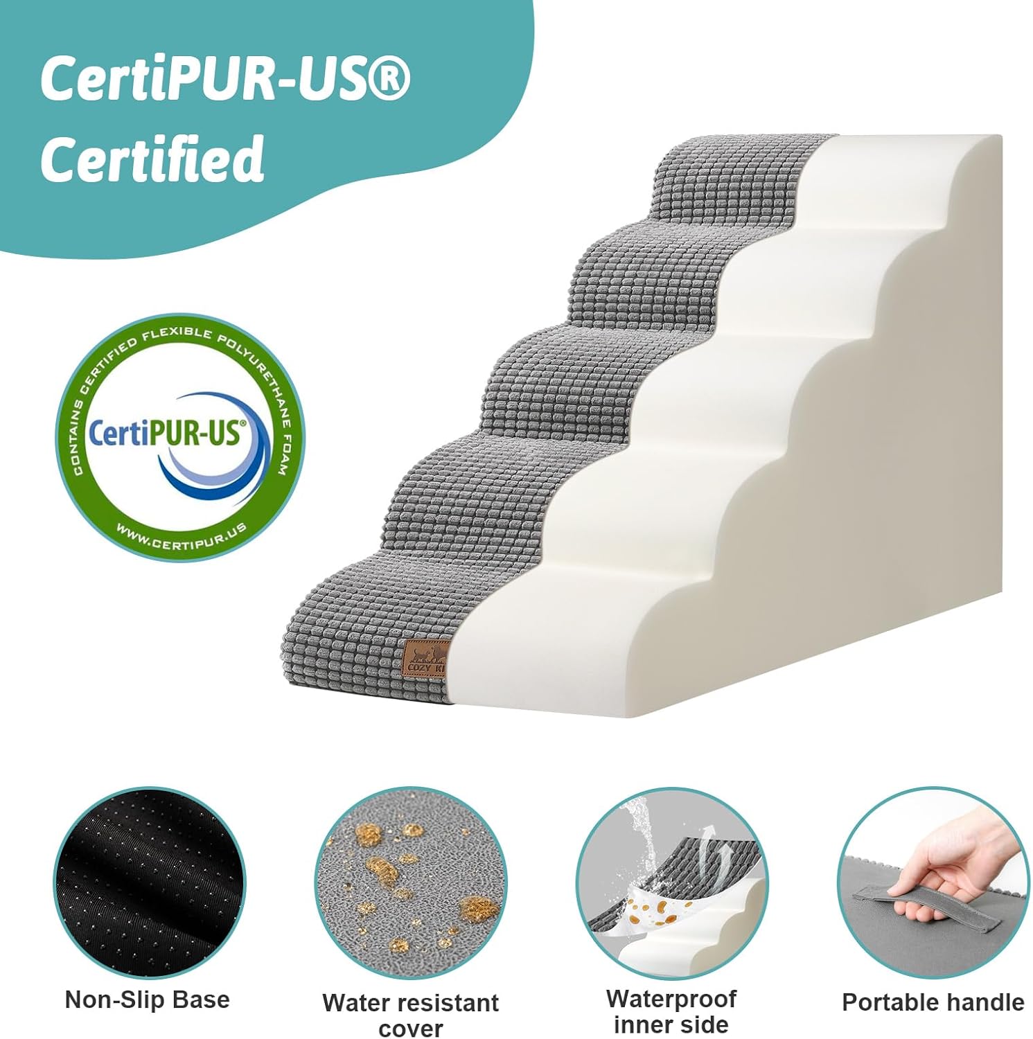 Dog Stairs for High Bed 22.6" H, Small Dog Step for Puppy, Older or Cat, Curved Ramp for Car, Ladder with High Density Foam, Lightweight, Durable, 15.7x33x22.6 inch, 5 Step, Light Grey - Pawvie