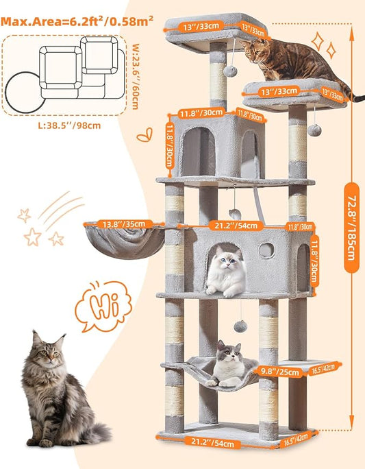 Taoqimiao Large Cat TreeïŒ73-Inch Cat Tree Tower with 9 Scratching Posts for Indoor Cats, 2 Large Cat Condo with Hammock, Hanging Basket, 2 Extended Platform, Light Gray MS013XLW