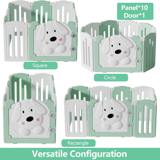 Foldable Dog Play Pen Indoors, Non-Slip Sturdy Puppy Playpen with Door, 25.5" H 10-Panel Adjustable Shape Dog Fence Pen for Small/Medium Dogs, Thickened, Easy to Store, White+Green
