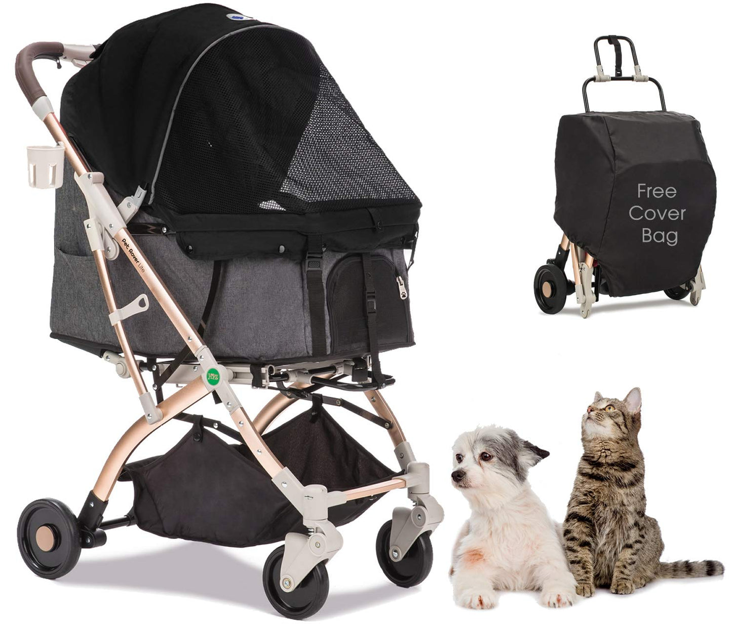 Lite Premium Light-Weight Dog/Cat/Pet Stroller Travel Carriage with Convertible Compartment/Zipper-Less Entry/1-Hand Quick Fold/Aluminum Frame for Small & Medium Pets (Black 2nd-Gen.) - Pawvie