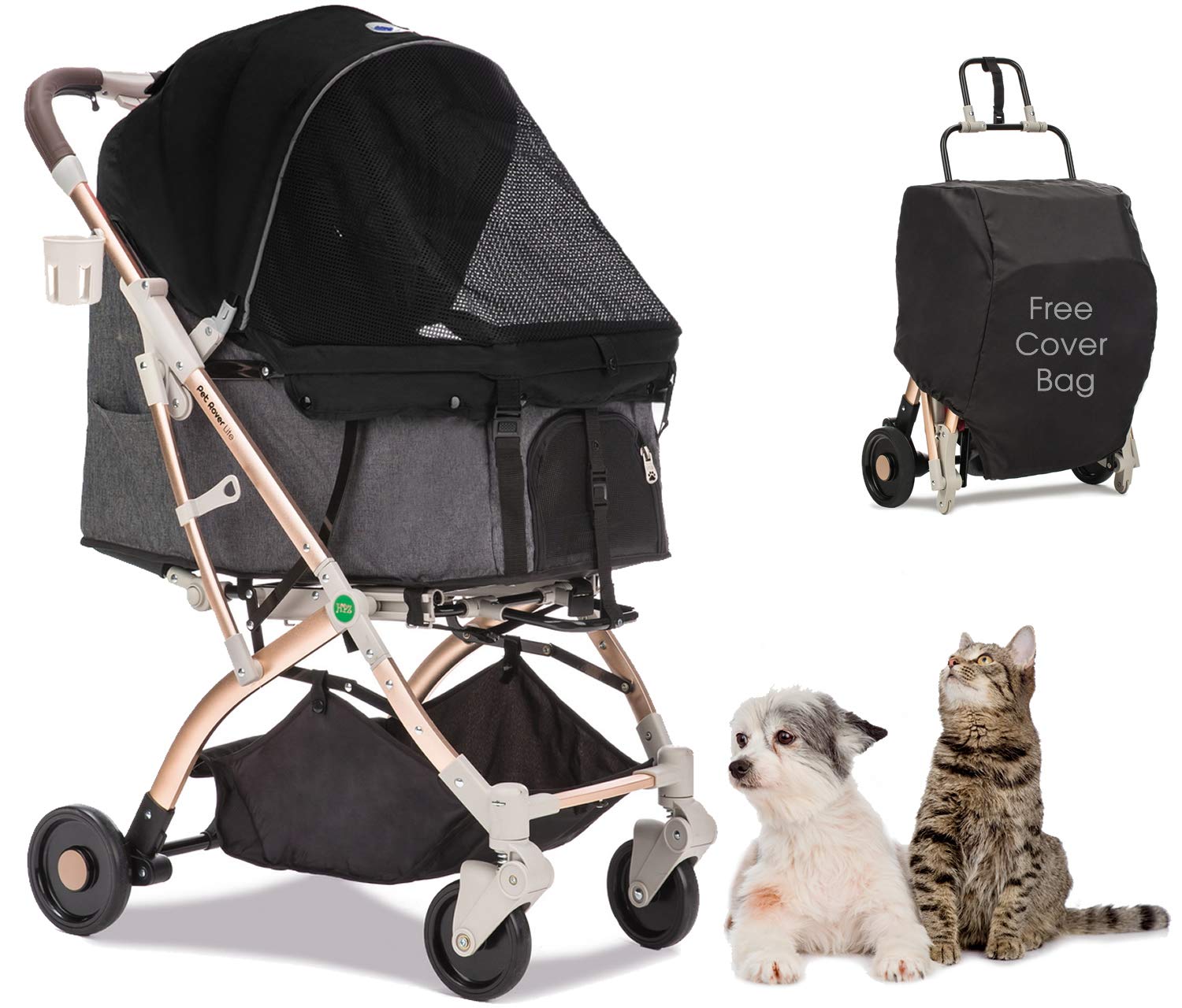 Lite Premium Light-Weight Dog/Cat/Pet Stroller Travel Carriage with Convertible Compartment/Zipper-Less Entry/1-Hand Quick Fold/Aluminum Frame for Small & Medium Pets (Black 2nd-Gen.) - Pawvie