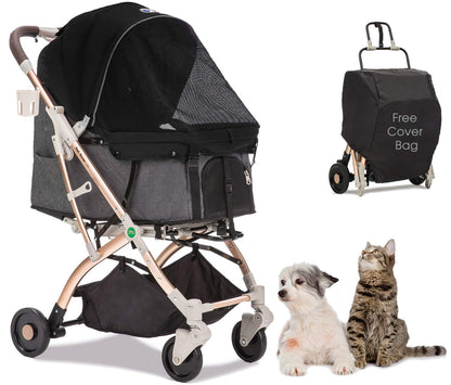 Lite Premium Light-Weight Dog/Cat/Pet Stroller Travel Carriage with Convertible Compartment/Zipper-Less Entry/1-Hand Quick Fold/Aluminum Frame for Small & Medium Pets (Black 2nd-Gen.) - Pawvie
