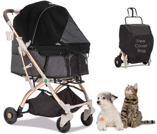 Lite Premium Light-Weight Dog/Cat/Pet Stroller Travel Carriage with Convertible Compartment/Zipper-Less Entry/1-Hand Quick Fold/Aluminum Frame for Small & Medium Pets (Black 2nd-Gen.) - Pawvie