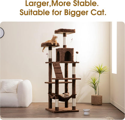 MWPO 70.1-Inch Large Cat Tree, Multi-Level Tall Cat Tower for Indoor Cats, Plush Cat Condo with Big Padded Perches, Sisal-Covered Scratching Posts, Hammock, Toys for Kittens & Cats - Brown