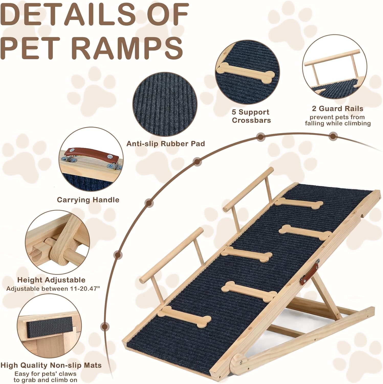 Dog Ramp for Bed, Non-Slip Pet Ramp with 5 Adjustable Heights, Portable Foldable Wooden 40" Long Pet Stairs for Small & Large Old Dogs & Cats - Lightweight & Easy Storage - Pawvie