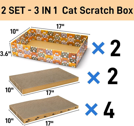 Set of 2 Cardboard Cat Scratchers, 6 Pcs Corrugated Cat Scratch Pad with 2 Boxes, Cute Reversible Kitty Sofa Bed, Refillable Wave Shaped Lounge, Interactive Kitten Toy for Indoor Cats