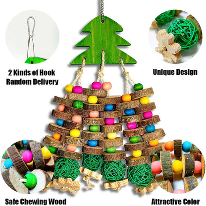 Parrot Toys, Large Bird Parrot Chewing Toys for Medium-Sized Macaws, Natural Wooden Blocks Christmas Tree Shape, African Grey Parrots, Amazon Parrots, Medium-Sized Bird cage Toys