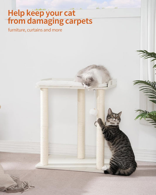 FourFurPets 26.7in Large Cat Tree Tower Condo, Cat Scratch Posts for Indoor Cats, Big Plate, Three 23.6in Full Sisal Scratching Posts, White