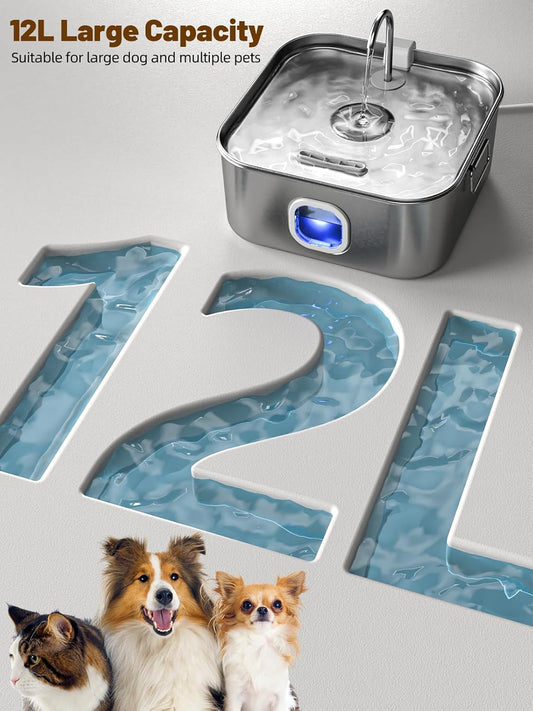 Dog Water Fountain Stainless Steel, 410oz/3.2Gal/12L Large Pet Water Fountain for Large Dog, Dog Water Bowl Dispenser with Water Level Window & LED Indicator, Super Quiet, with 6 Packs Filters