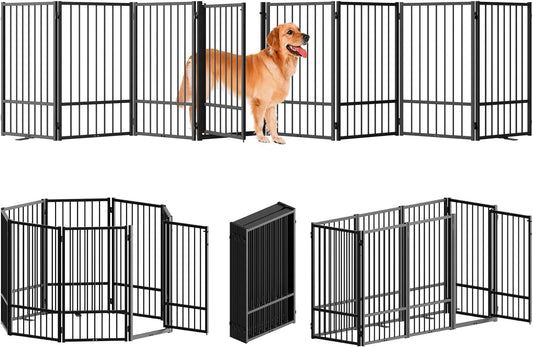 Full Metal Freestanding Dog Gate with Door, 36''Height Foldable Pet Dog Fence for Indoor & Outdoor, 8 Panels Extra Wide Free Standing TallDog Gates for Doorways,House,Stairs,Porch,Deck,Yard
