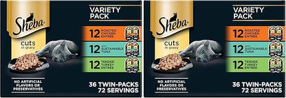 Sheba Perfect Portions Wet Cat Food Cuts in Gravy,Roasted Chicken Entree,with Sustainable Tuna,Tender Turkey Entree,2.6 oz. Twin-Pack Trays (,72 Servings),36 Count (Pack of 2)
