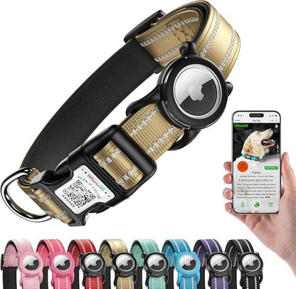 Dog Collar with QR Code, Reflective Dog Collar, Soft Neoprene Padded & Safety Locking Buckle Adjustable Pet Collar (Brown, S-with Airtag Holder)