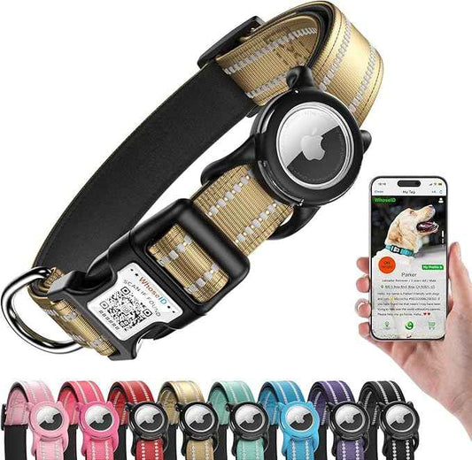 Dog Collar with QR Code, Reflective Dog Collar, Soft Neoprene Padded & Safety Locking Buckle Adjustable Pet Collar (Brown, L-with Airtag Holder)