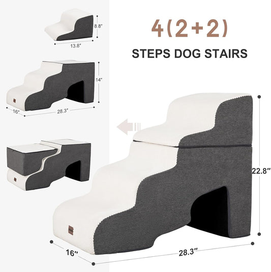 Dog Stairs for High Beds with Tunnel, 4-Step Dog Steps for Small Dogs and Cats, Foldable Pet Stairs for High Bed Climbing, Non-Slip Balanced Pet Step Indoor, Beige - Pawvie