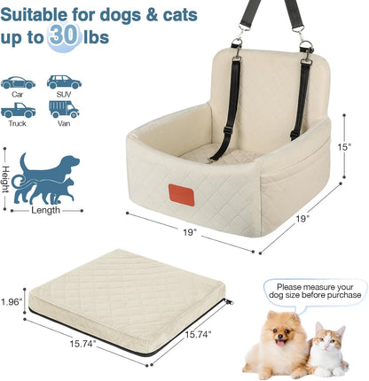Dog Car Seat for Under 30lbs Dogs,Comfy Febric Fill in Memory Foam,Washable and Detachable Pet Travel Car Bed,Anti-Slip Bottom,2 Safety Leashes & Storage Pockets(Beige) - Pawvie