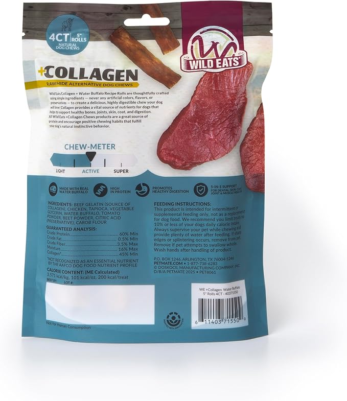 Wild Eats Water Buffalo Flavor Collagen Retriever Style Cheek Rolls 5" Dog Chews-4 Pack (Long Lasting Dog Chews Treats & Bones for Medium Dogs) Substitute for Pig Ears for Dogs