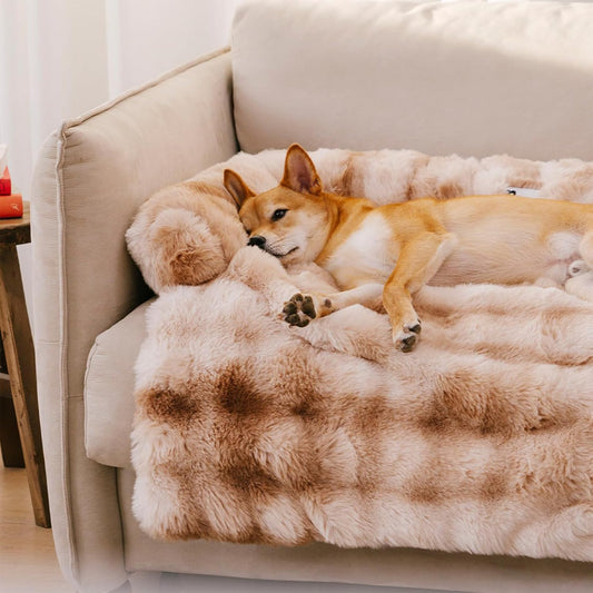 FUNNY FUZZY Pet Fluffy Fuzzy Couch Cover, Calming Washable Dog Bed Sofa Protector Pets Mat for Small Medium Dogs and Cats (Tie-dye Brown,33.45 × 28.35 × 5.51 in)