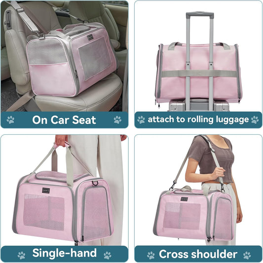 PETSFIT Cat Carrier for Large Cats, Dog Carriers for Small Dogs Under 25 Lbs, Soft Pet Carrier, Cat Crates for Indoor Cats with Cozy Extendable Mat (Large, Pink)