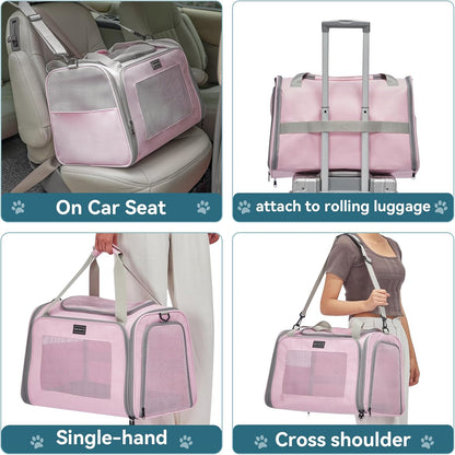 PETSFIT Cat Carrier for Large Cats, Dog Carriers for Small Dogs Under 25 Lbs, Soft Pet Carrier, Cat Crates for Indoor Cats with Cozy Extendable Mat (Large, Pink)