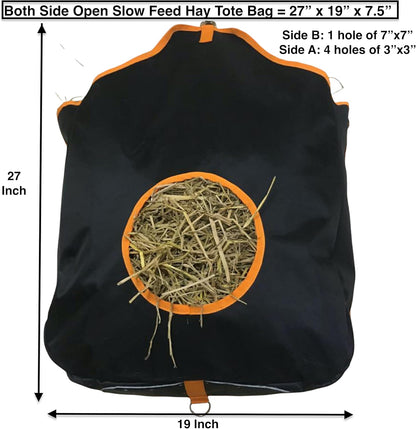 Majestic Ally Nylon Hay Feeder Tote Bag for Horse, Goat, Sheep - Double Sides Open Feed Hole with Faux Leather Ventilated Bottom- Premium Quality -Simulates Grazing - Reduces Waste (Black)