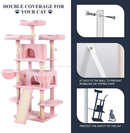 Allewie 68 Inches Cat Tree/House and Towers for Big Feline/Scratching Post/Multi-Level Large Kitty Climbing Tree with Condo/Pink