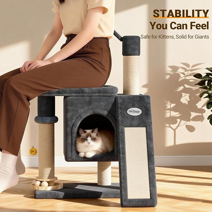 PetDance 37in All-in-1 Small Cat Tree for Indoor Cats | Space-Saving Cat Tower with Cozy Condo, Cat Window Perch, Sisal Scratching Posts, Interactive Ball Track Toy & Self-Grooming Brush,Dark Gray