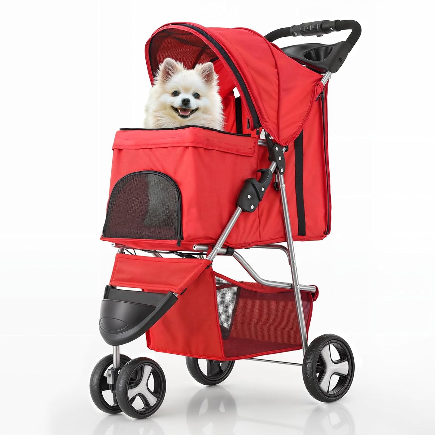 MoNiBloom 3 Wheels Pet Stroller, Foldable Puppy Cage Jogger Stroller with Weather Cover for All-Season, Storage Basket and Cup Holder, Breathable and Visible Mesh for Small/Medium Pets, Red - Pawvie