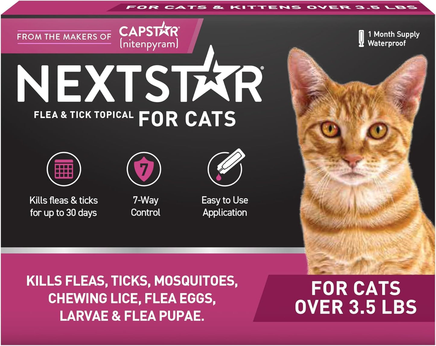 NEXTSTAR Flea and Tick Prevention for Cats, Repellent, and Control, Fast Acting Waterproof Topical Drops for Cats Over 3.5 lbs, 1 Month Dose