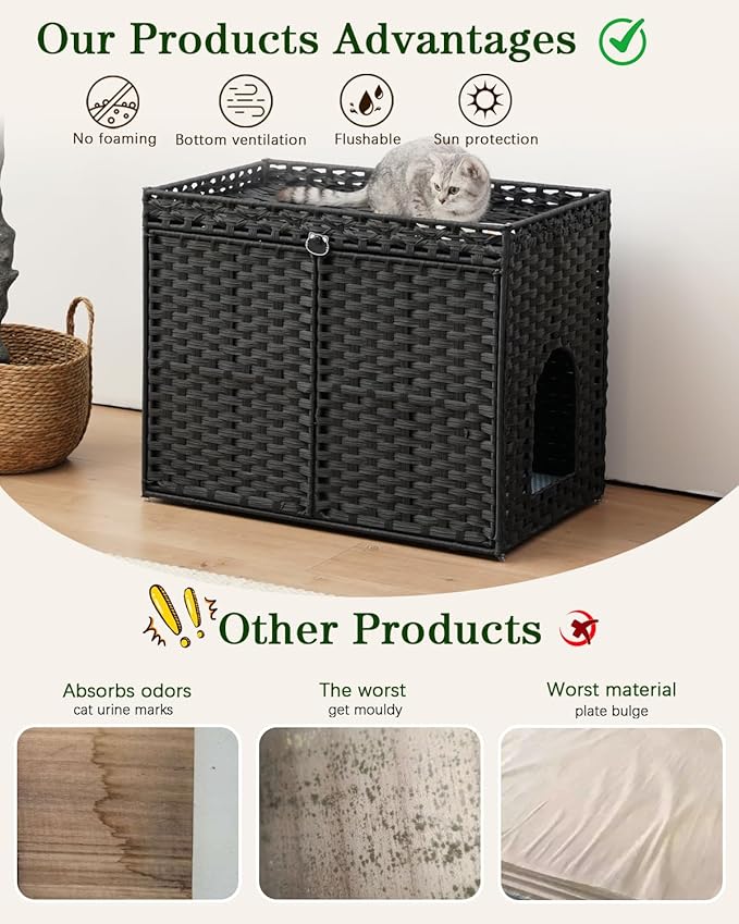 Cat Litter Box Enclosure Furniture, Hidden Litter Box, Cat Litter Box Cabinet with 2 Litter Mats, Handwoven Rattan Large Space Cat House, Indoor for Living Room, Bedroom, Apartment Black