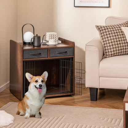 PETISITE Wooden Dog Crate with Lockable Door, Adjustable Foot Pads, 2 Fabric Drawers, Indoor Kennel Side Table for Small & Medium Dogs, 24.5 x 19.5 x 25 in